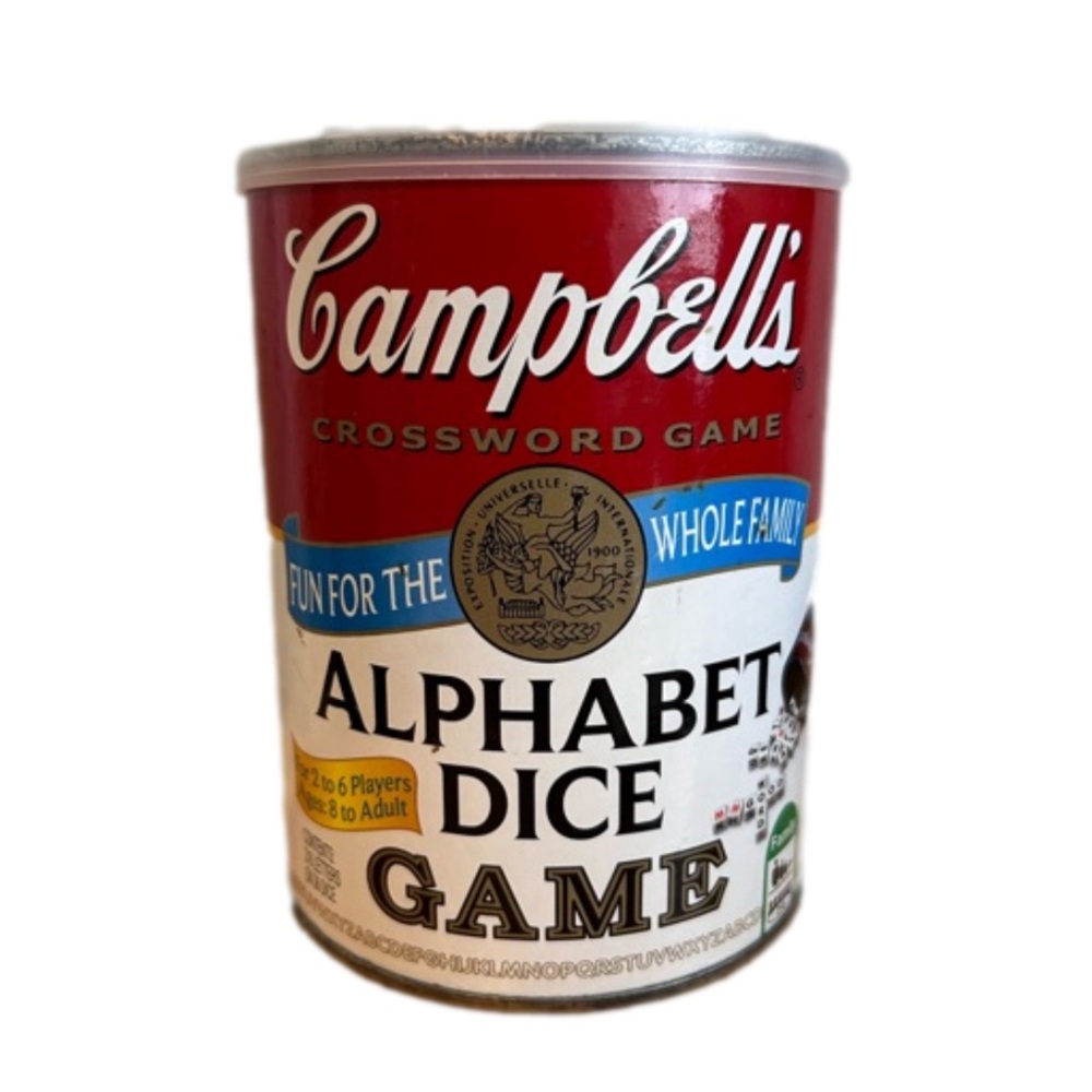 Campbells Alphabet Dice Game Crossword Family Table Camping large Soup Can